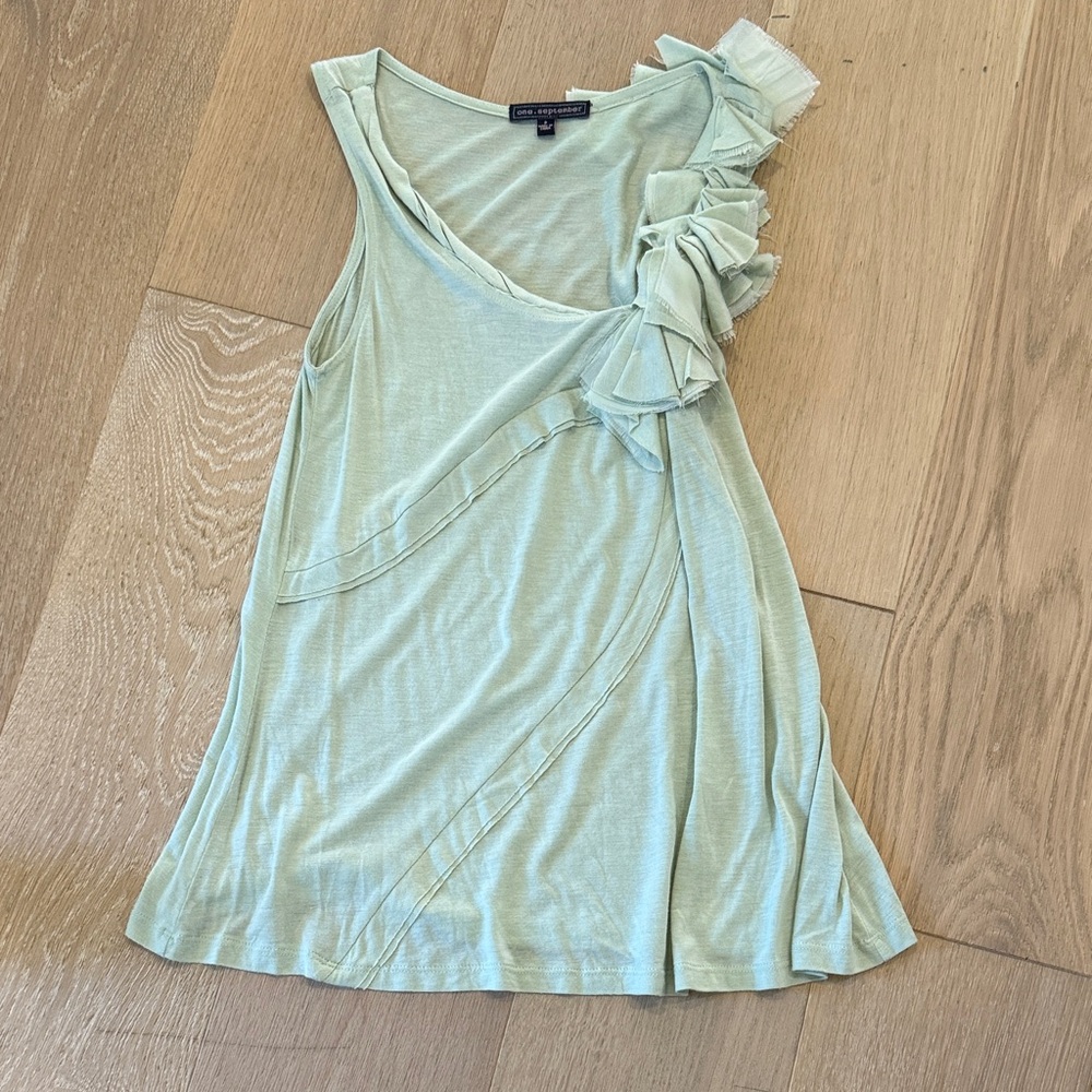 NWOT Anthropologie Light Green Sleeveless Women's Top w/ Floral Ruffle size P